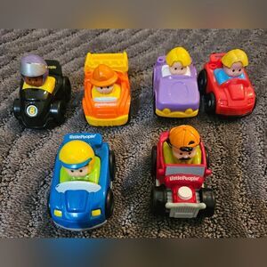 Six Little People cars, including a race car and a construction truck, multicolo